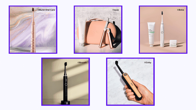 collage of similarly colored and styled electric toothbrush ads from Burst, quip, Boka, Goby, and Bruush