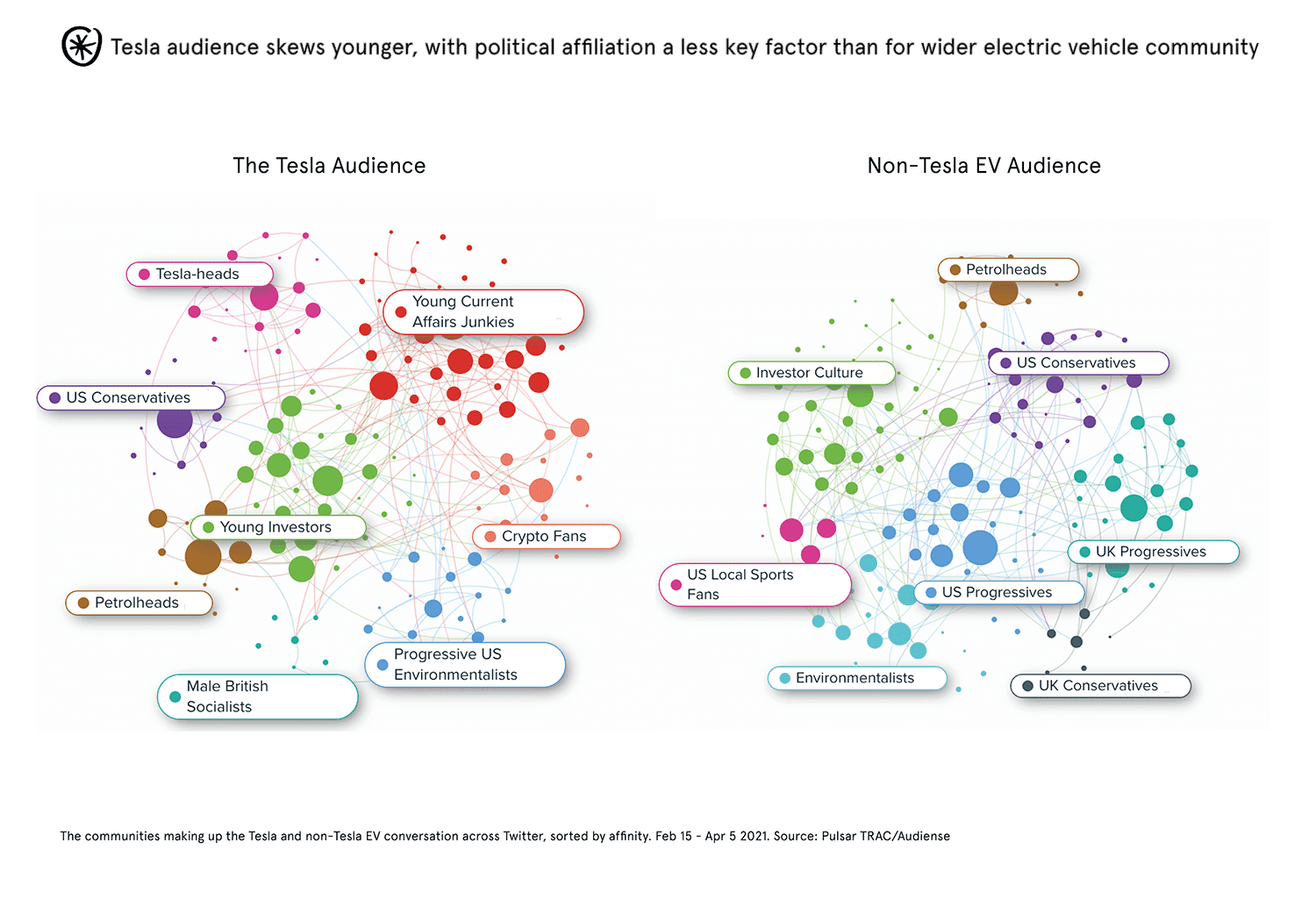 word map "Tesla audience skews younger, with political affiliation a less key factor than for wider electric vehicle community"
