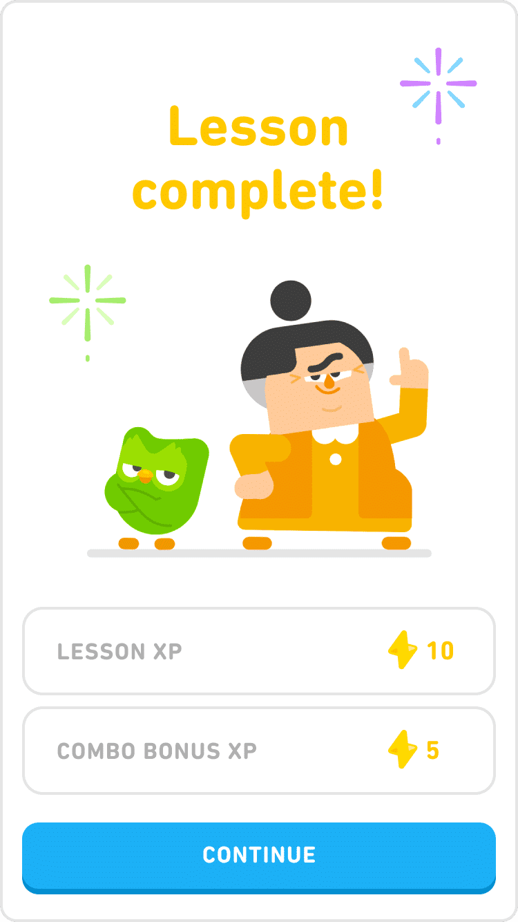 Lesson complete screen of Duolingo featuring the owl mascot